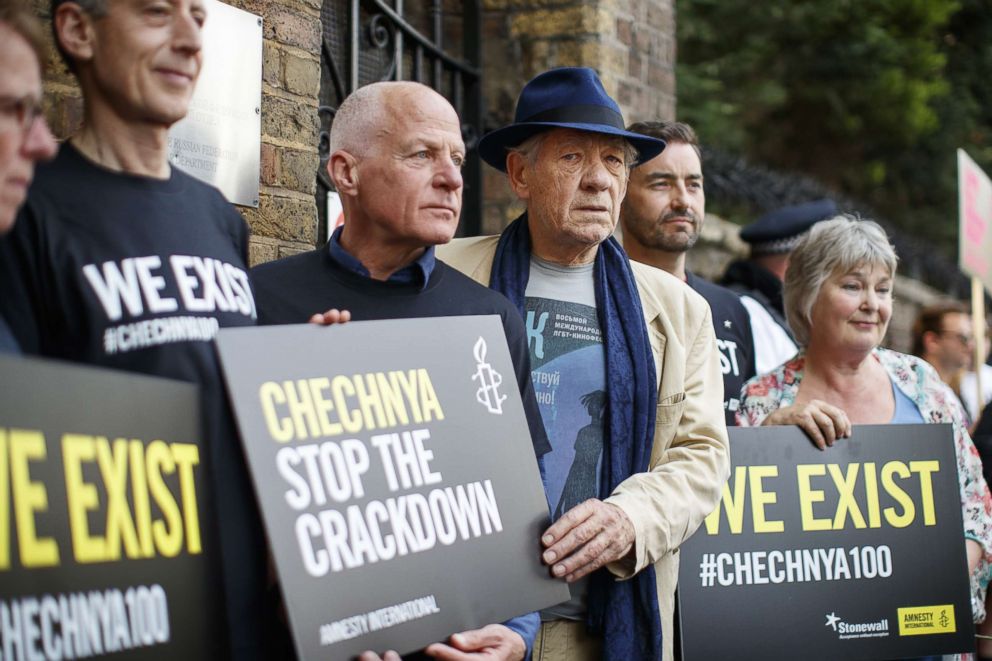 PHOTO: Sir Ian McKellen and activists stage a protest outside the Russian Embassy in London, calling on the Russian authorities to fully investigate reports of a crackdown and torture on LGBT people in Chechnya, June 2, 2017.