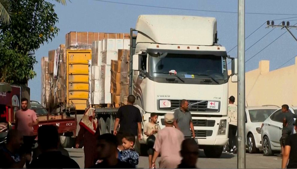 PHOTO: Trucks loaded with aid reaches a hospital in Khan Younis, Gaza, Oct. 25, 2023.