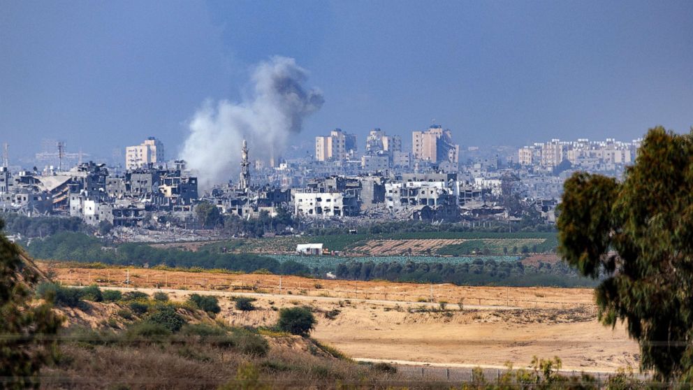 PHOTO: Smoke rises from an explosion in Gaza on Oct. 28, 2023, seen from Sderot, Israel.