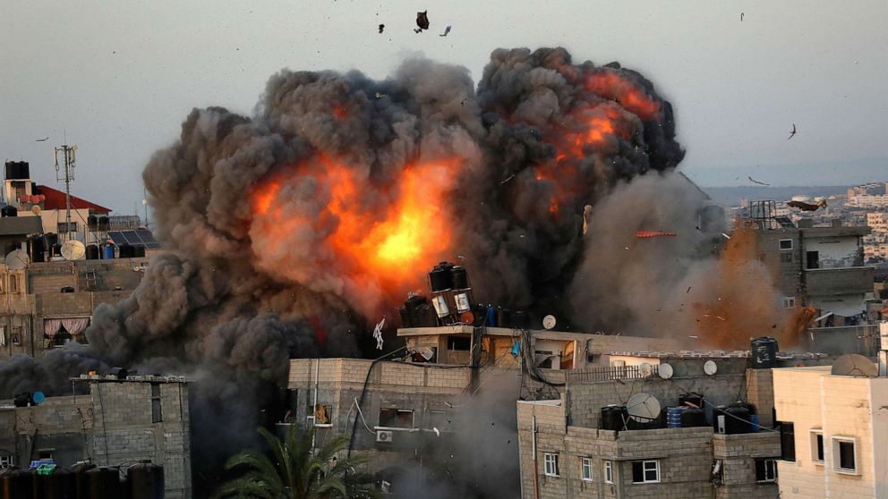 PHOTO: A ball of fire erupts from a building in Gaza City's Rimal residential district May 16, 2021.