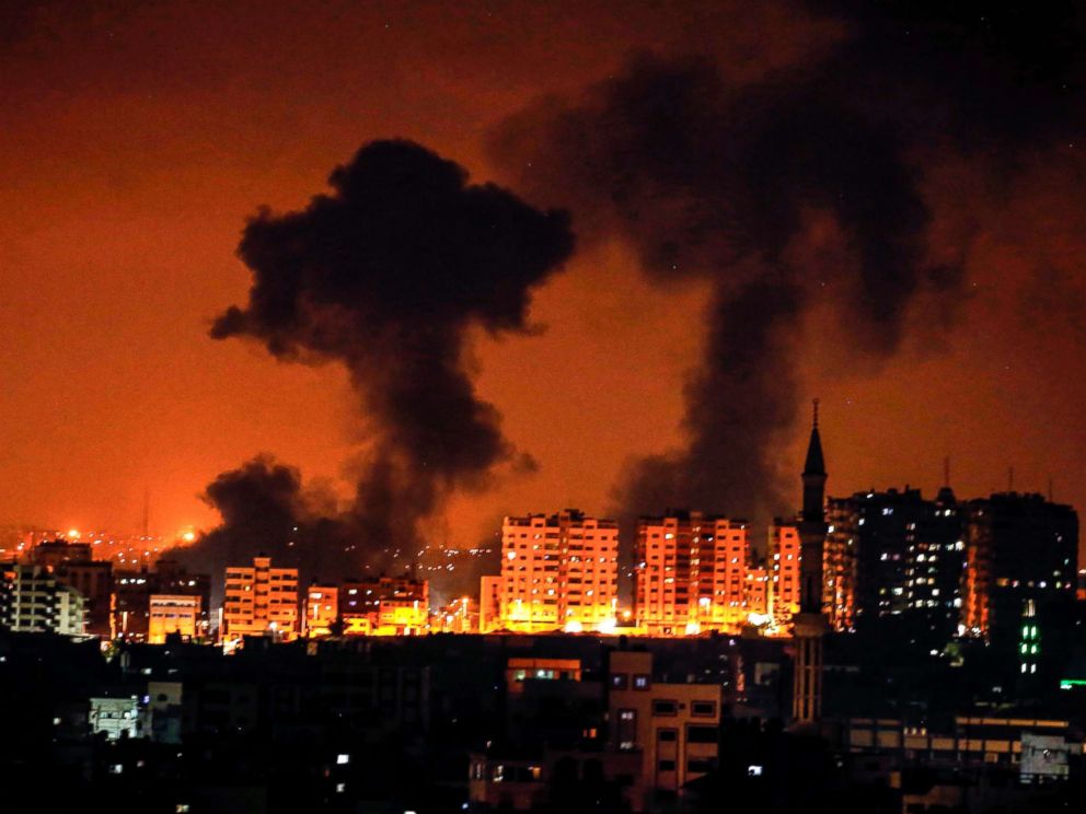 PHOTO: Smoke plumes rise following an Israeli air strike on Gaza City, Aug. 8, 2018.