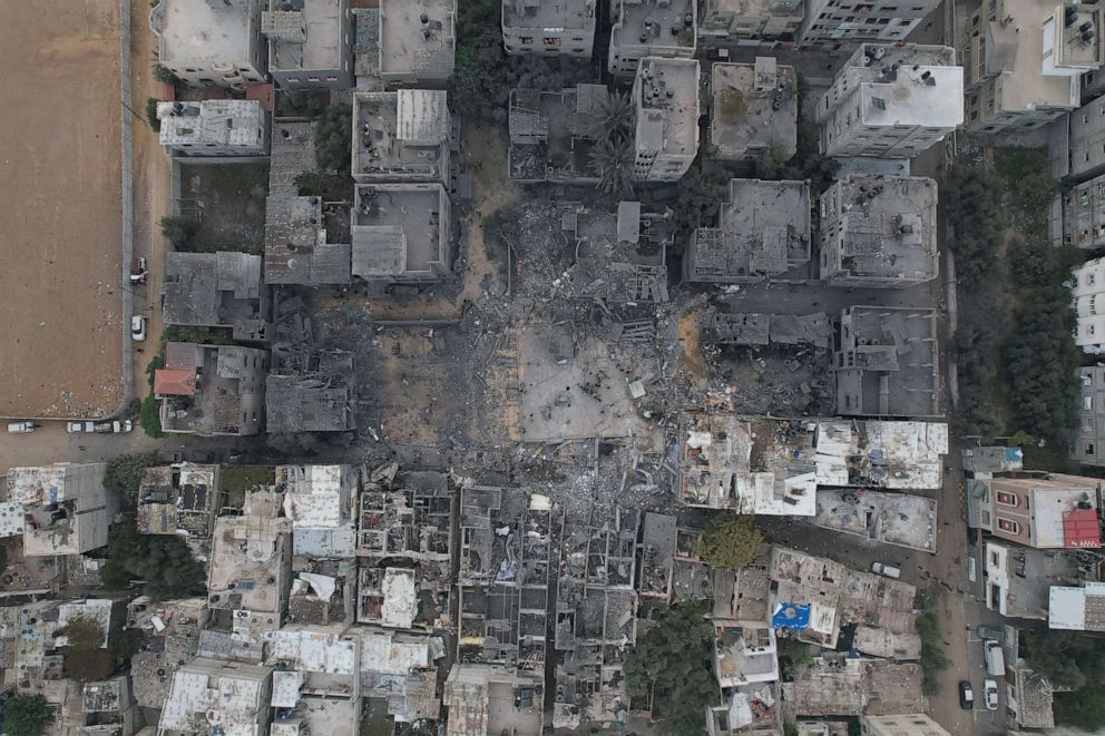 PHOTO: A view of the remains of a mosque and houses destroyed by Israeli strikes in the central Gaza Strip Oct. 29, 2023.