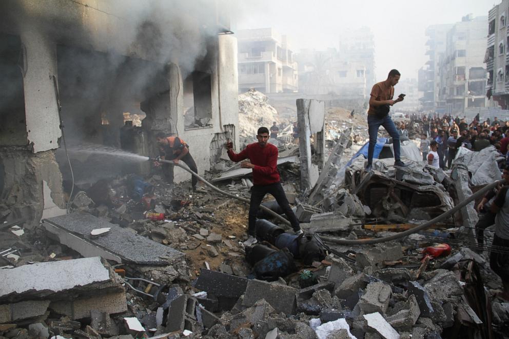 PHOTO: Palestinians inspect the damage at a school sheltering displaced people, after it was hit by an Israeli strike, in Gaza City, Nov. 14, 2024.