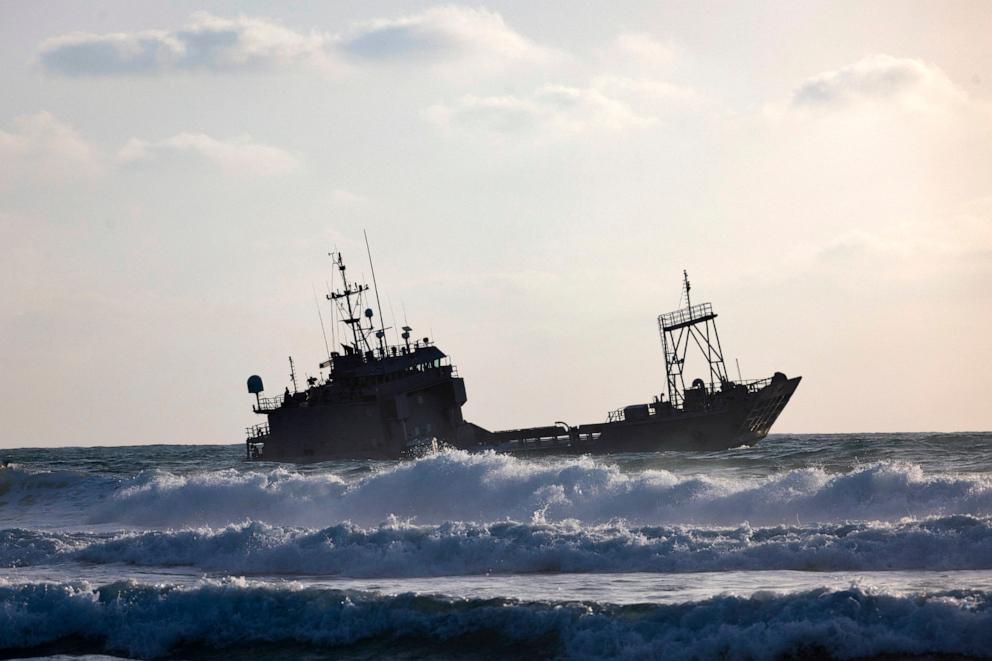 PHOTO: This picture shows a US military vessel that ran aground at a beach in Israel's coastal city of Ashdod, on May 25, 2024. 