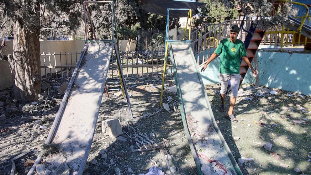 PHOTO: A man inspects the damage following Israeli bombardment on the Al-Nassr school that houses displaced Palestinians, West of Gaza city, on Aug. 4, 2024, amid the ongoing conflict between Israel and the militant Hamas group. 