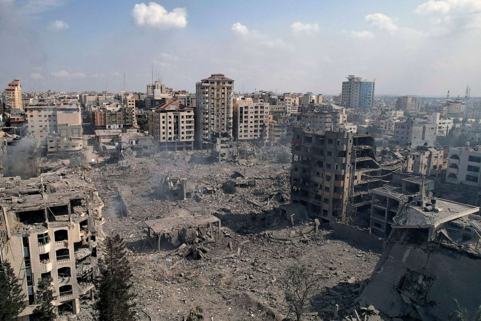 PHOTO: A view of the rubble of buildings hit by an Israeli airstrike, in Gaza City, Oct. 10, 2023.