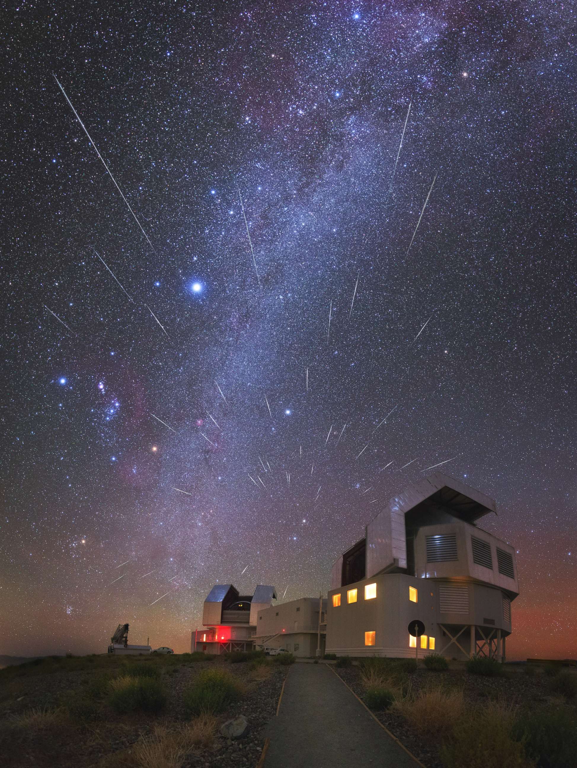 PHOTO: The radiant Geminid meteor shower over the Carnegie Las Campanas observatory, near the Atacama desert in Chile, Dec. 14, 2015. The Milky Way and bright stars, Rigel in Orion constellation, and Sirius in Canis Major constellation, shine brightly.