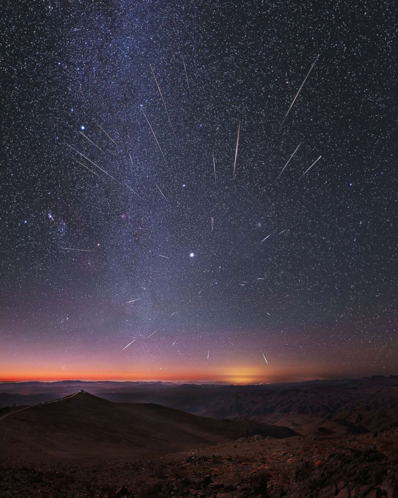 PHOTO: The radiant Geminid meteor shower over the Carnegie Las Campanas observatory, south of Atacama desert, Chile. Dec. 14, 2013, taken using a long exposure. The brightest object close to center is Jupiter and Milky Way is at left.