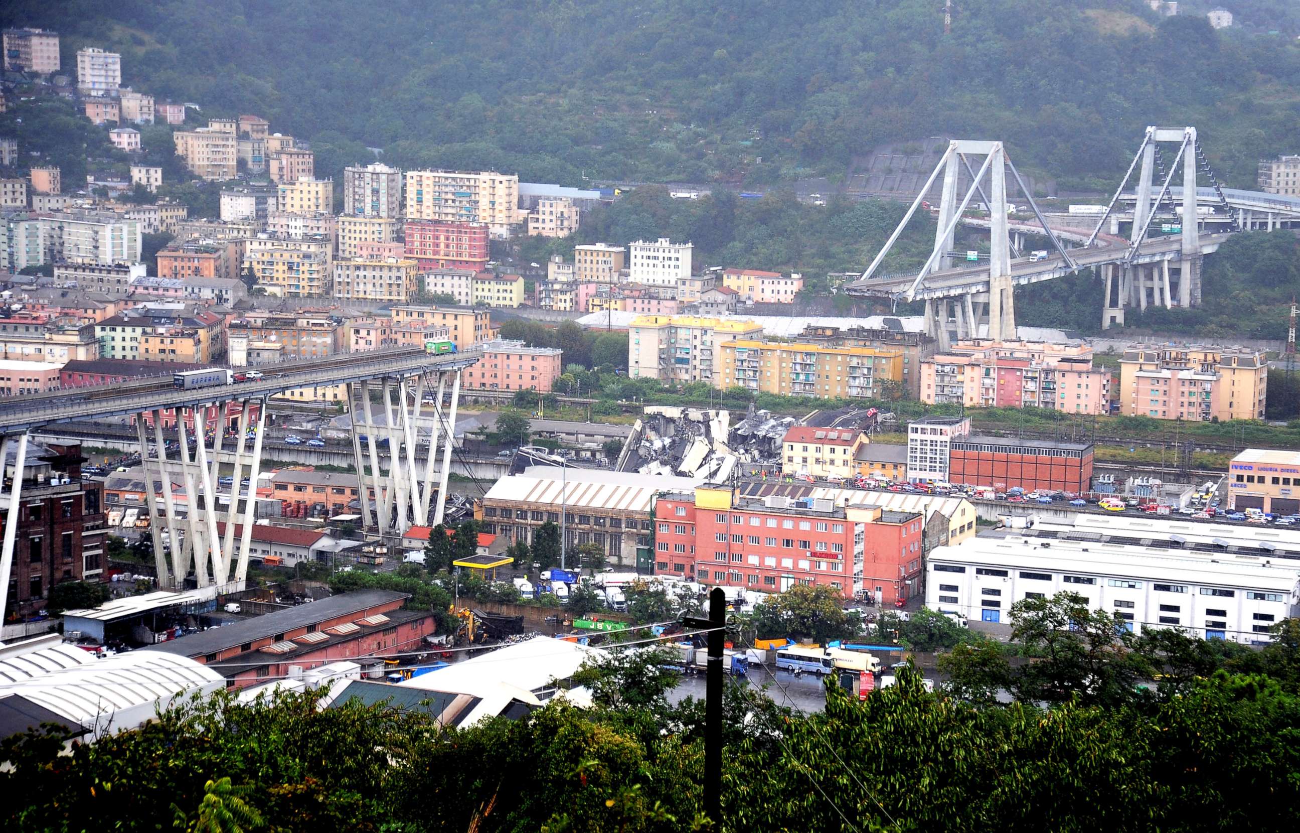 PHOTO: The collapsed Morandi Bridge is seen in the Italian port city of Genoa, Aug. 14, 2018.