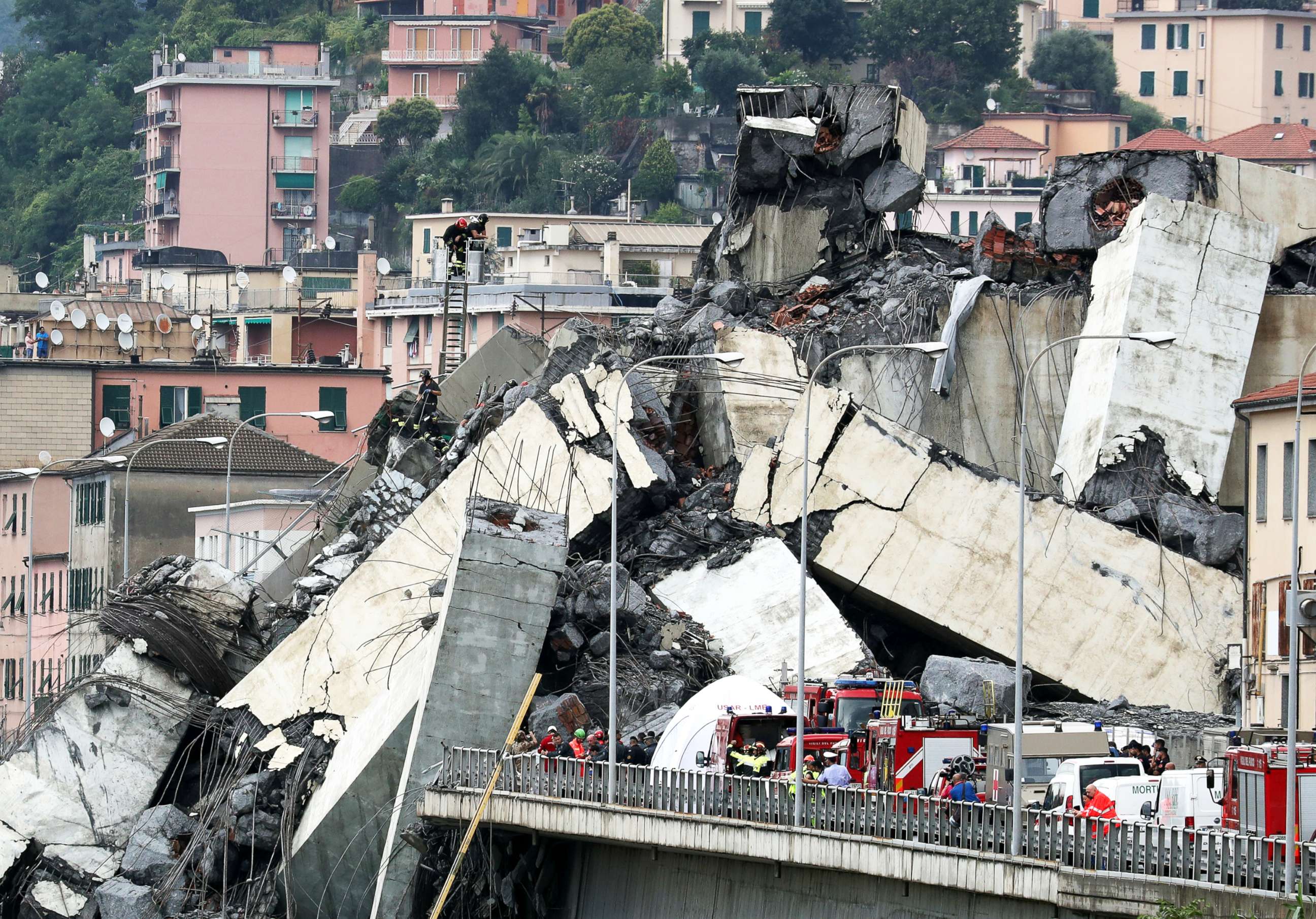 PHOTO: The collapsed Morandi Bridge is seen in the Italian port city of Genoa, Italy, Aug. 14, 2018.
