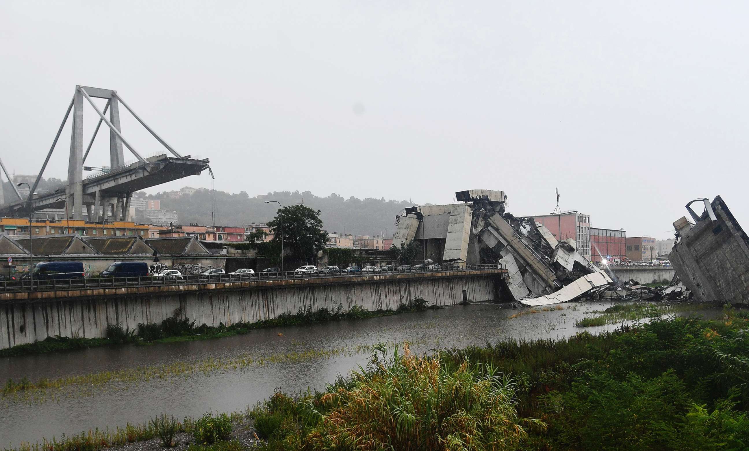 PHOTO: A view of the collapsed Morandi highway bridge in Genoa, Italy, Aug. 14, 2018.