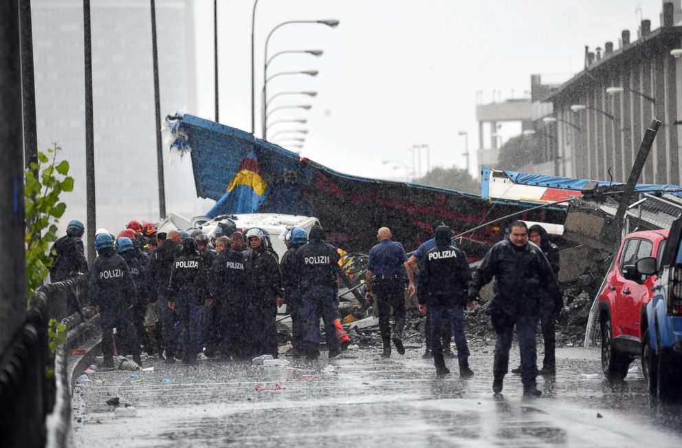 PHOTO: A bridge collapses in Genoa, Italy, Aug. 14, 2018.