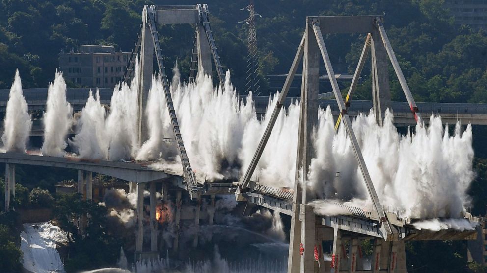 VIDEO:  Controlled explosion knocks down remains of collapsed Italian bridge
