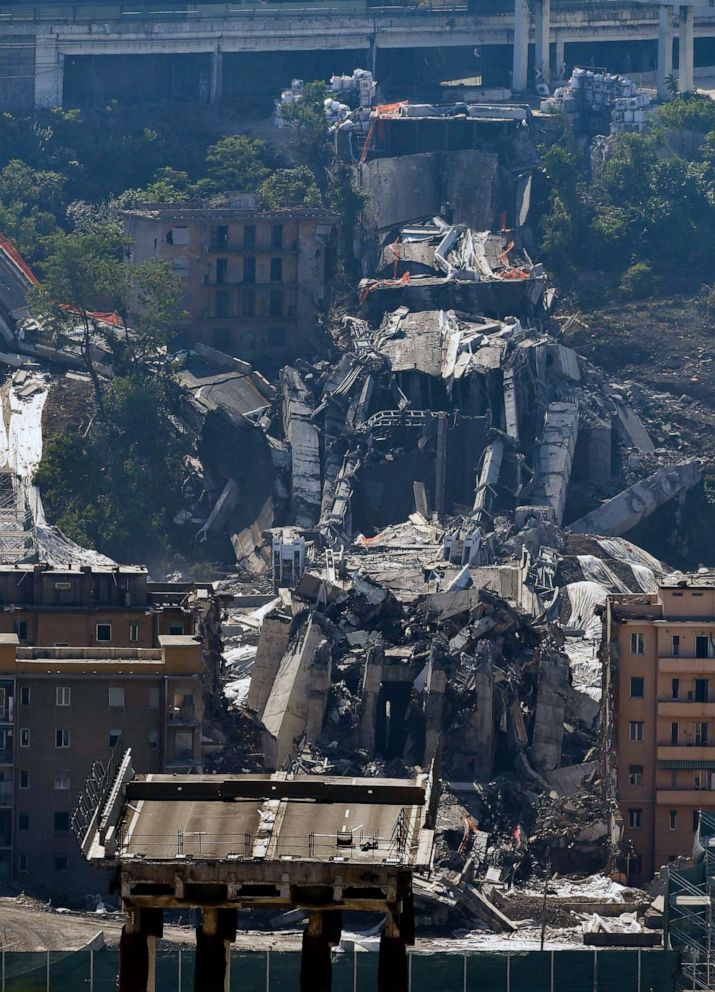 PHOTO: The bridge's deck lies in debris and rubble among evacuated buildings after explosive charges blew up the eastern pylons of Genoa's Morandi motorway bridge on June 28, 2019 in Genoa. Italy.