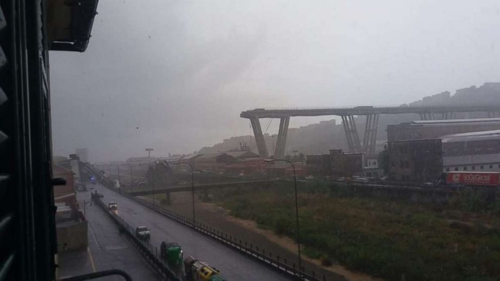 A large section of a bridge collapsed in stormy weather in Genoa, Italy, on Tuesday, Aug. 14, 2018.