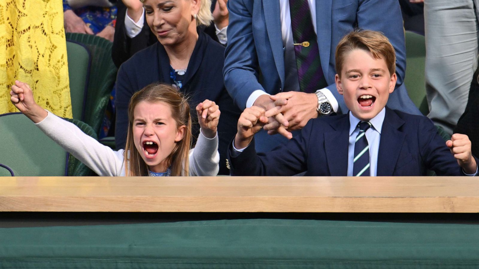 PHOTO: Princess Charlotte of Wales and Prince George of Wales celebrate during Carlos Alcaraz vs Novak Djokovic in the Wimbledon 2023 men's final on Centre Court during day fourteen of the Wimbledon Tennis Championships, July 16, 2023, in London.