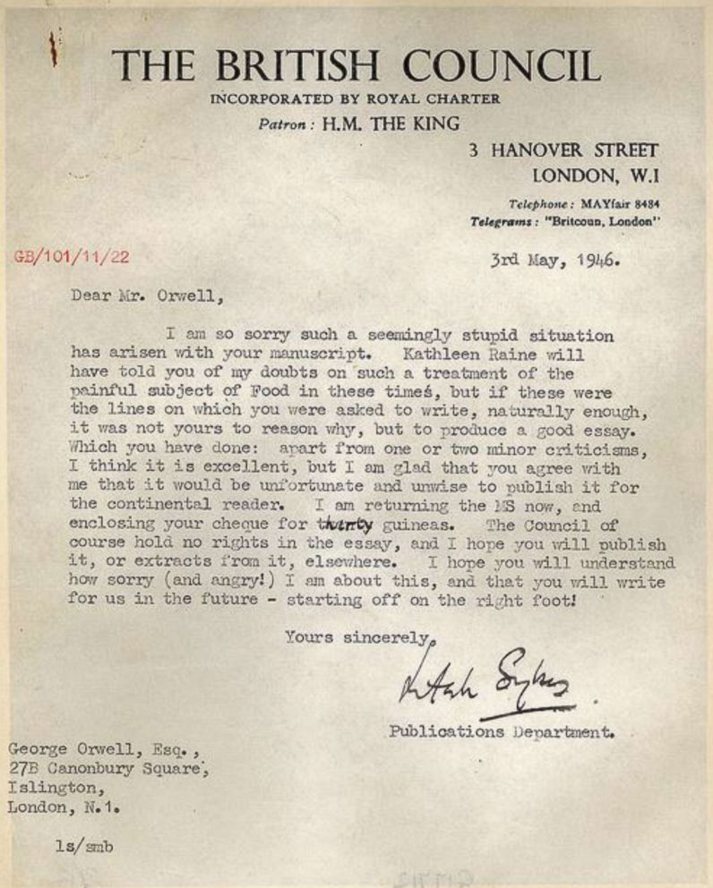  The British Council released the original apology letter sent to Orwell in 1946.
     