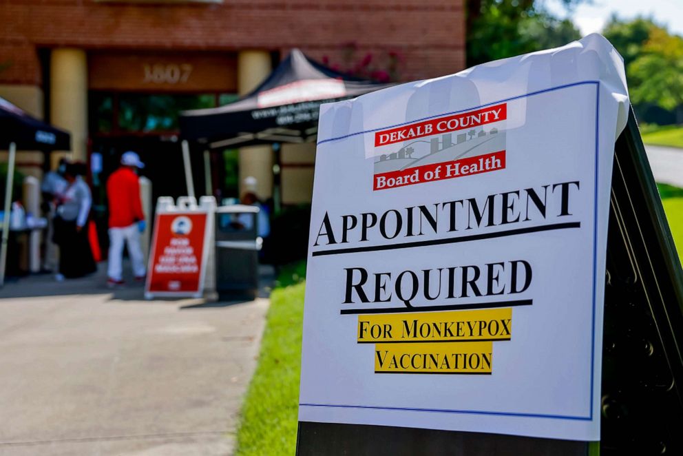 PHOTO: A sign directs patients to a Dekalb County Board of Health monkeypox vaccine clinic, in Atlanta, Aug. 5, 2022. 