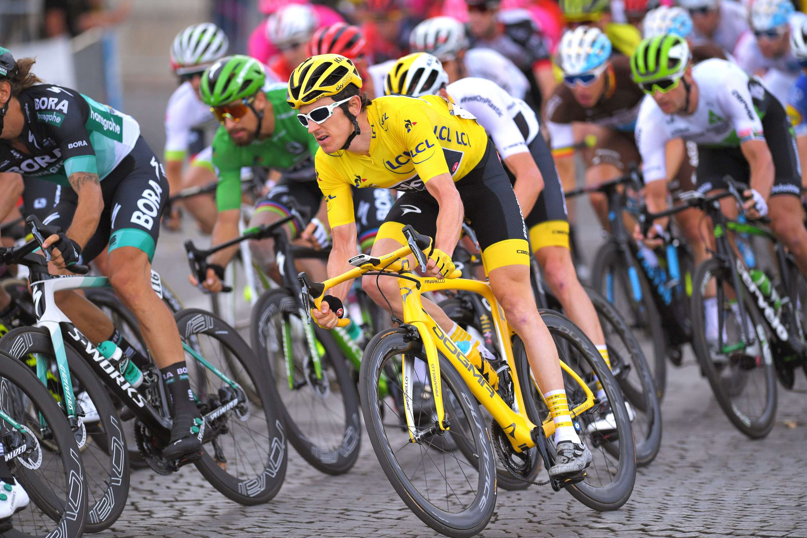 PHOTO: Geraint Thomas of Great Britain and Team Sky during the 105th Tour de France 2018, Stage 21 a mile 72 stage from Houilles to Paris Champs-Elysees, July 29, 2018, in Paris.