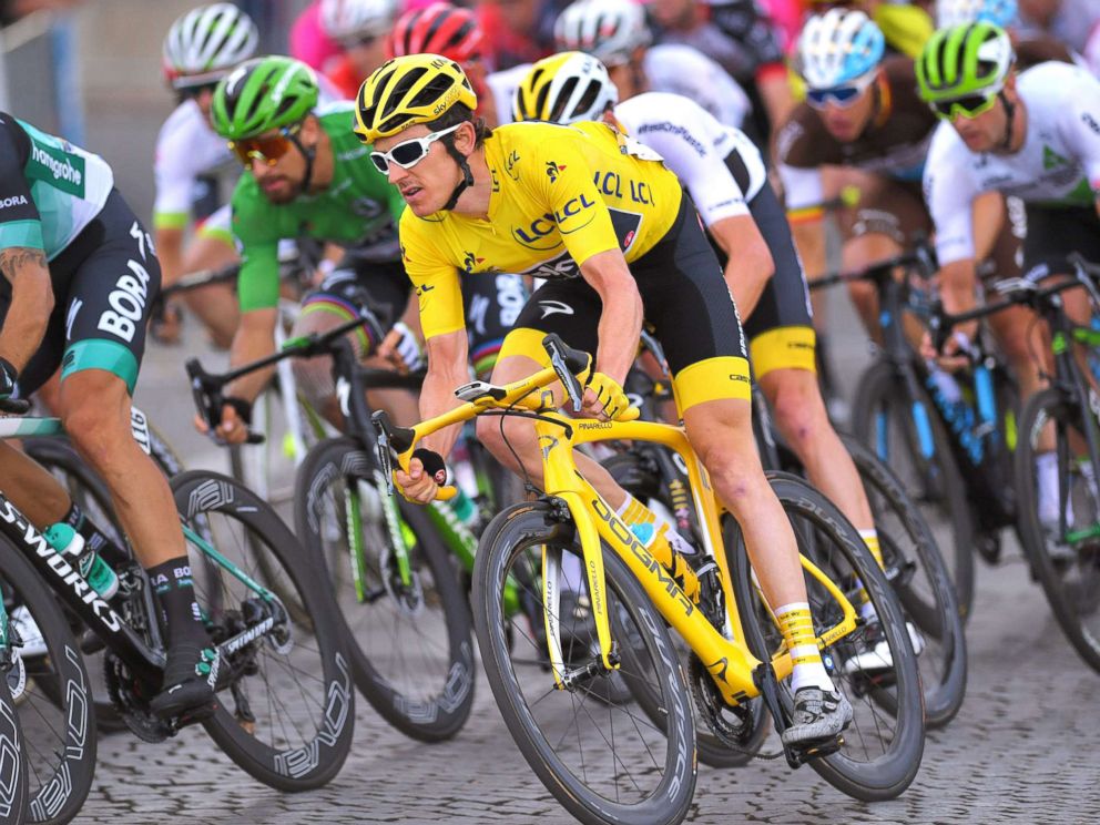 PHOTO: Geraint Thomas of Great Britain and Team Sky during the 105th Tour de France 2018, Stage 21 a mile 72 stage from Houilles to Paris Champs-Elysees, July 29, 2018, in Paris.
