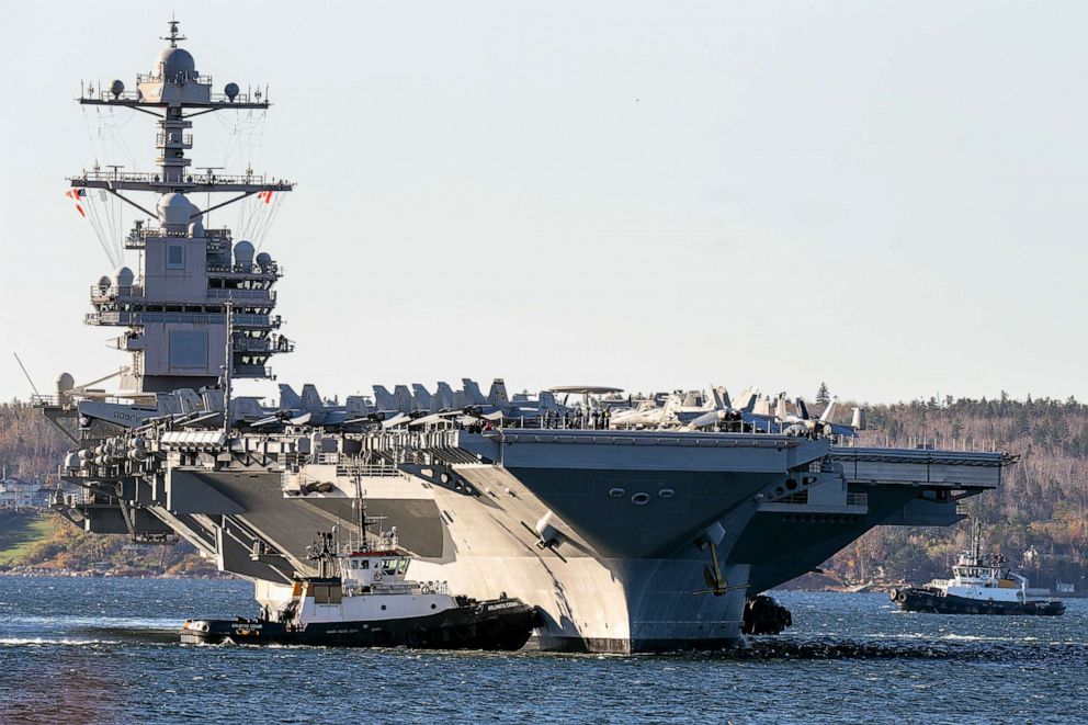 PHOTO: The USS Gerald R. Ford arrives in Halifax on Oct. 28, 2022. The Pentagon has ordered the Ford carrier strike group to sail to the Eastern Mediterranean to be ready to assist Israel, U.S. officials said Oct. 8, 2023.