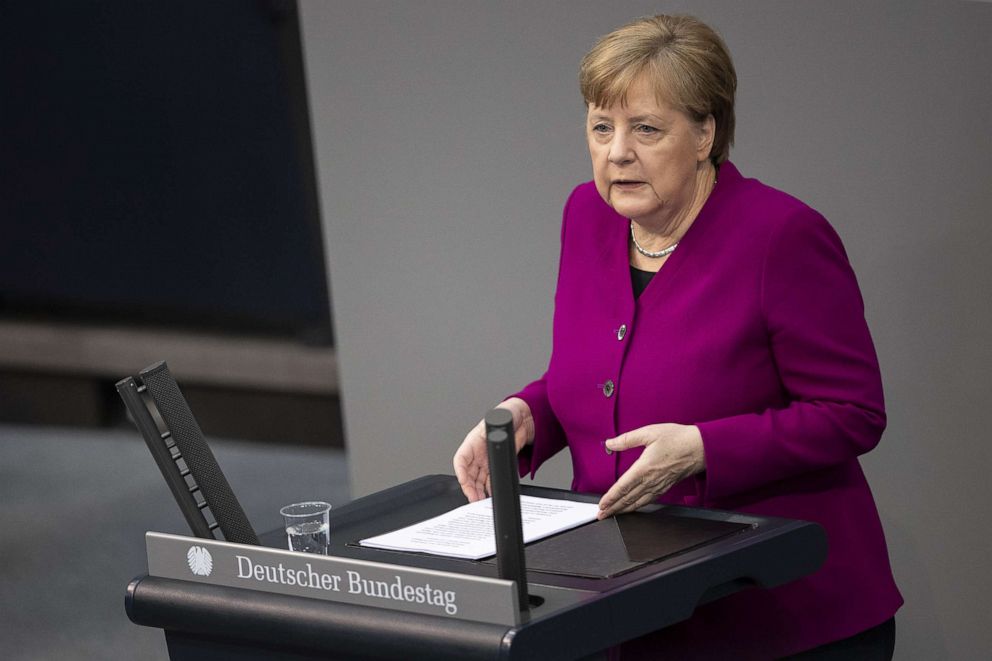 PHOTO: German Chancellor Angela Merkel speaks on behalf of the federal government at the lower house of German parliament, the Bundestag, in Berlin, Germany, on April 23, 2020.