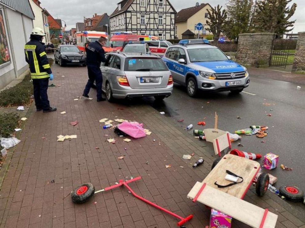 PHOTO: People react at the scene after a car drove into a carnival parade injuring several people in Volkmarsen, Germany, Feb. 24, 2020.