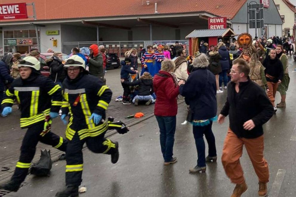PHOTO: People react at the scene after a car drove into a carnival parade injuring several people in Volkmarsen, Germany, Feb. 24, 2020. 