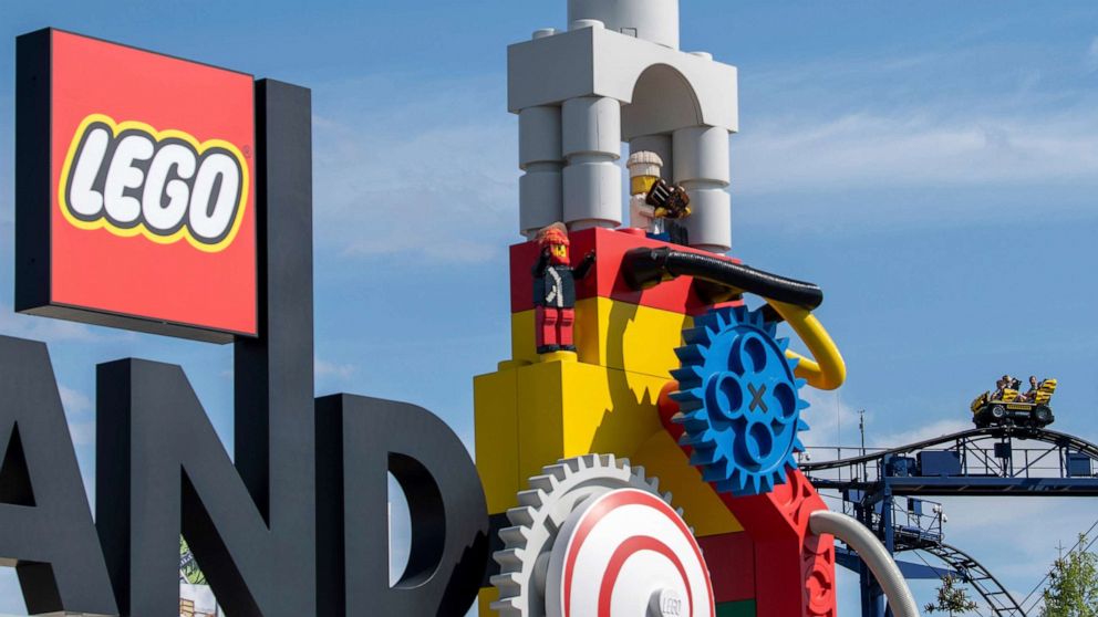 PHOTO:A roller coaster can be seen next to the logo at the entrance to the 'Legoland' amusement park in Guenzburg, southern Germany, Aug. 11, 2022. 
