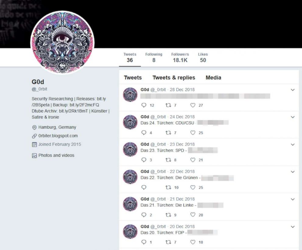 PHOTO: Partly blurred tweets by Twitter account @_0rbit, which calls itself G0d, that were released online in December 2018, leading exposing personal data and documents belonging to hundreds of German politicians and public figures.