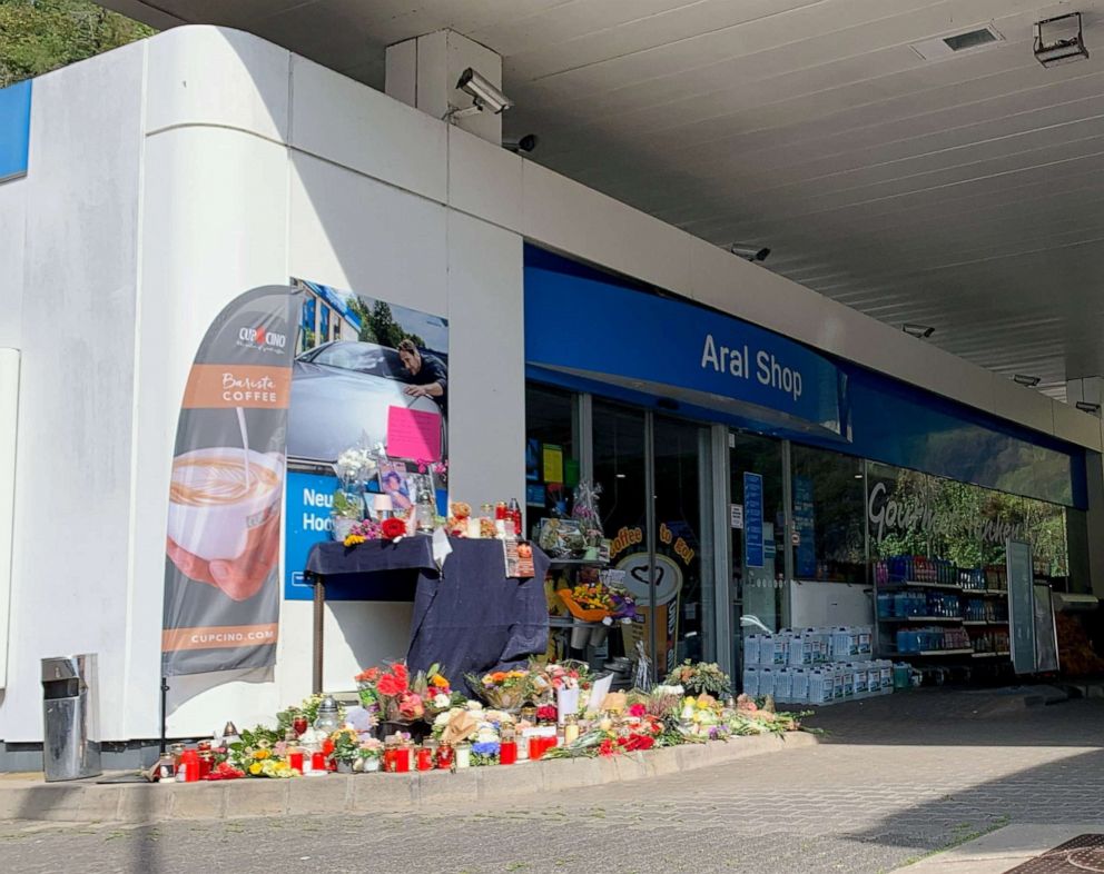PHOTO: Flowers are placed in front of a gas station in Idar-Oberstein, Germany, Sept. 21, 2021.