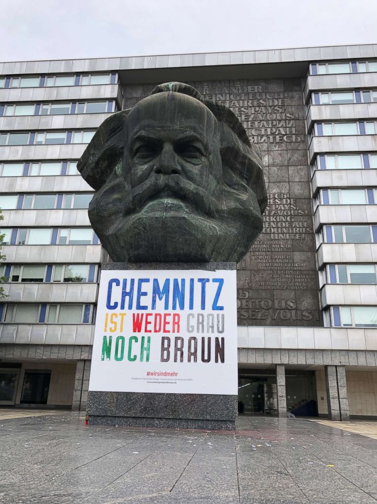 PHOTO: A sign requesting tolerance is pasted on a statue of Karl Marx in Chemnitz, Germany, Sept. 1, 2018.