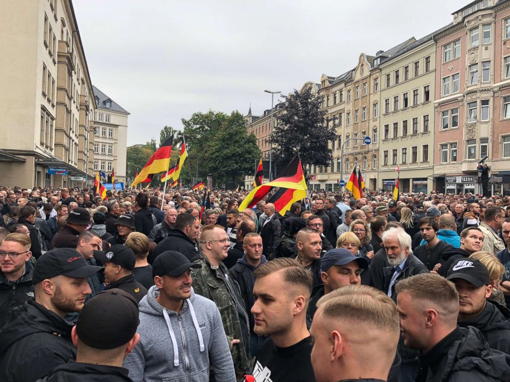 PHOTO: Members of right-wing extremist groups gather for a demonstration on Sept. 1, 2018, in Chemnitz, Germany.