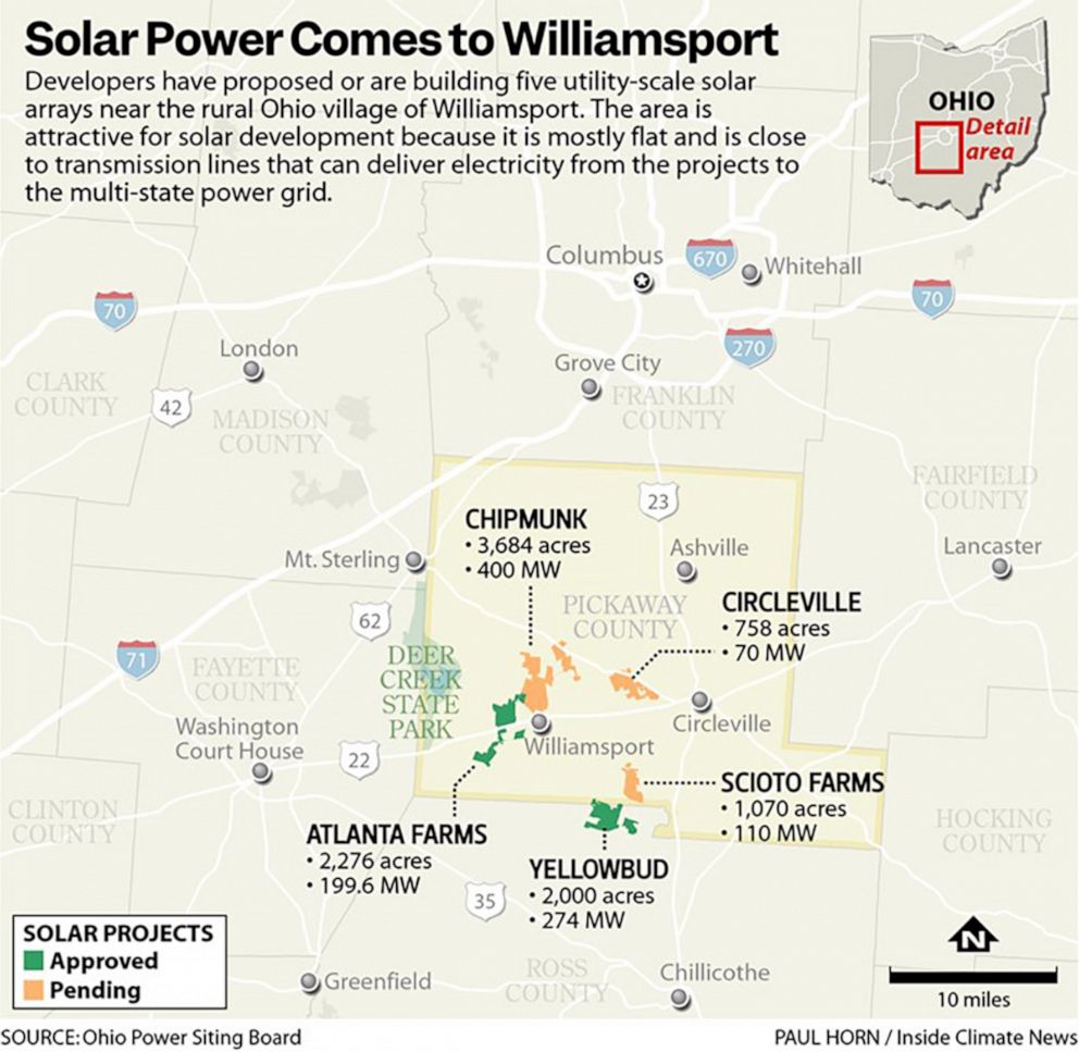 PHOTO: A graphic shows the locations near Williamsport, Ohio where solar power is proposed or being built.