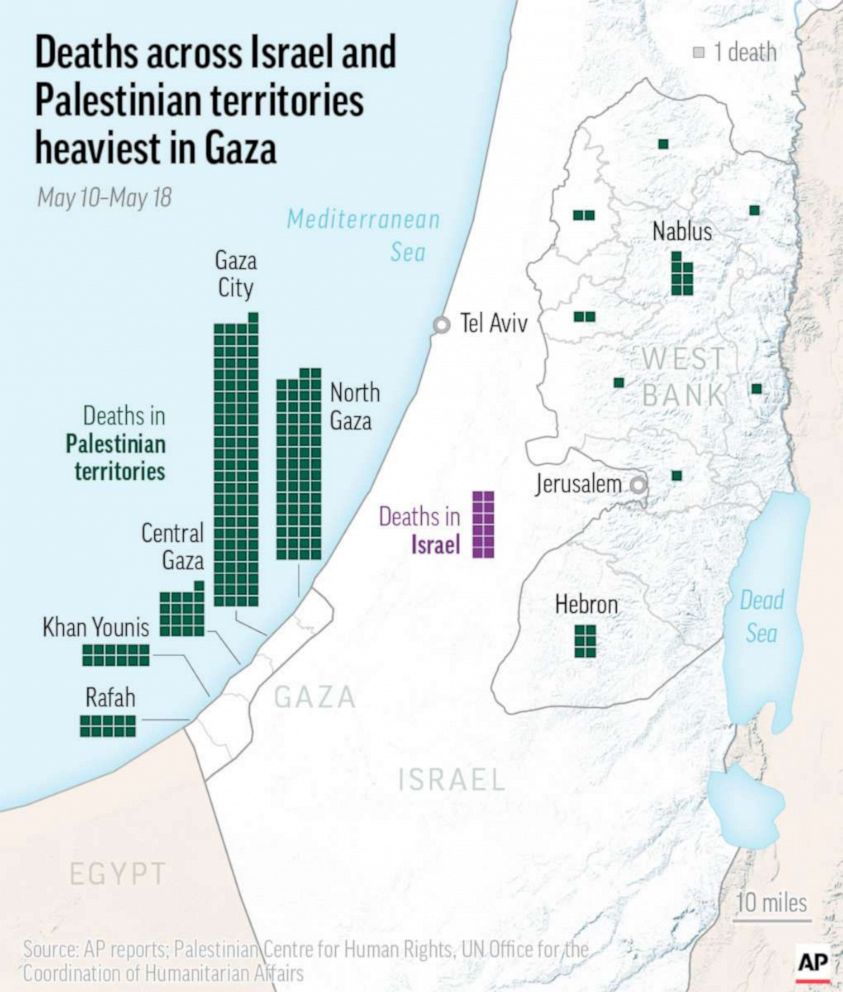 PHOTO: A map shows deaths across Israel and Palestinian territories, May 10- May 18, 2021.