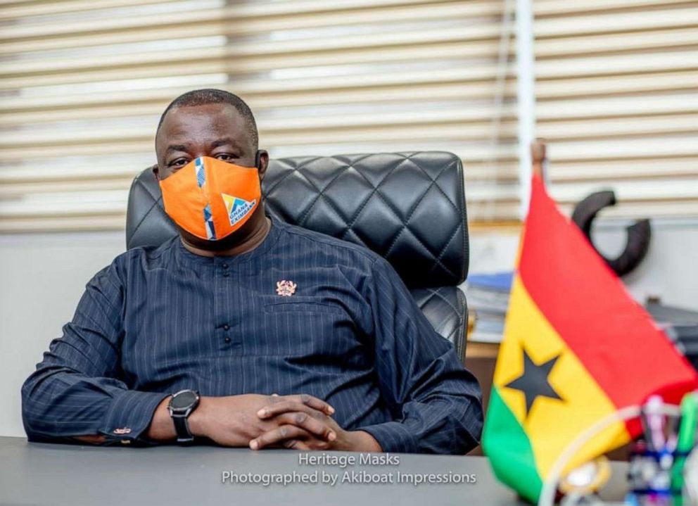 PHOTO: Lawrence Agyinsam, CEO of Ghana EXIM Bank, is seen wearing a protective face mask with the company’s logo, custom made by Heritage Masks, in May 2020.