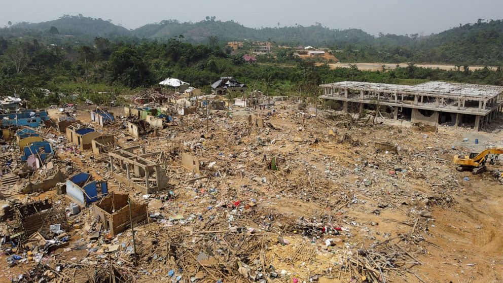 PHOTO: A view shows debris of houses and other buildings in Apiate, near the city of Bogoso, southwestern Ghana, Jan. 21, 2022, a day after a collision between a vehicle carrying mining explosives and a motorcycle sparked a huge blast.  
