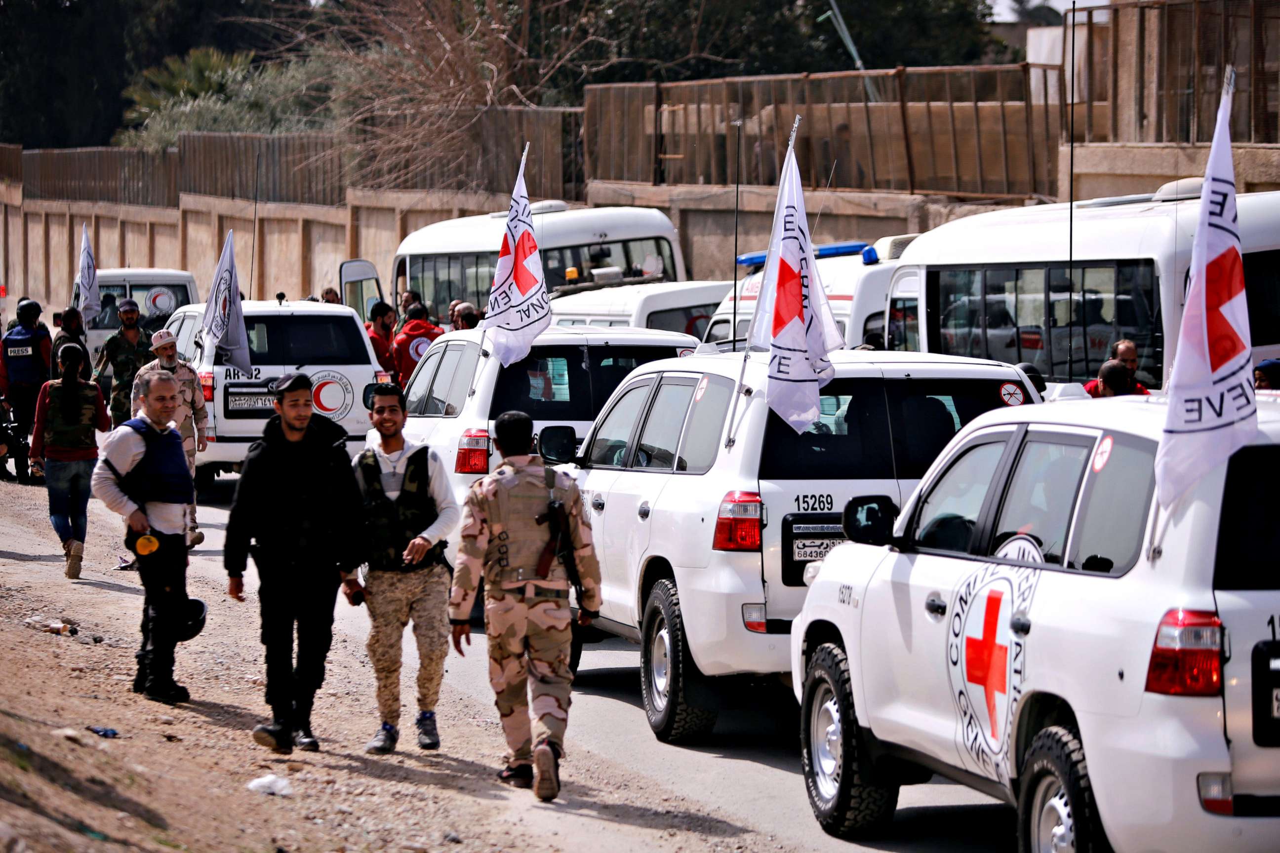 PHOTO: An International Committee of the Red Cross (ICRC) convoy crosses into eastern Ghouta near Wafideen camp in Damascus, Syria on March 5, 2018. 