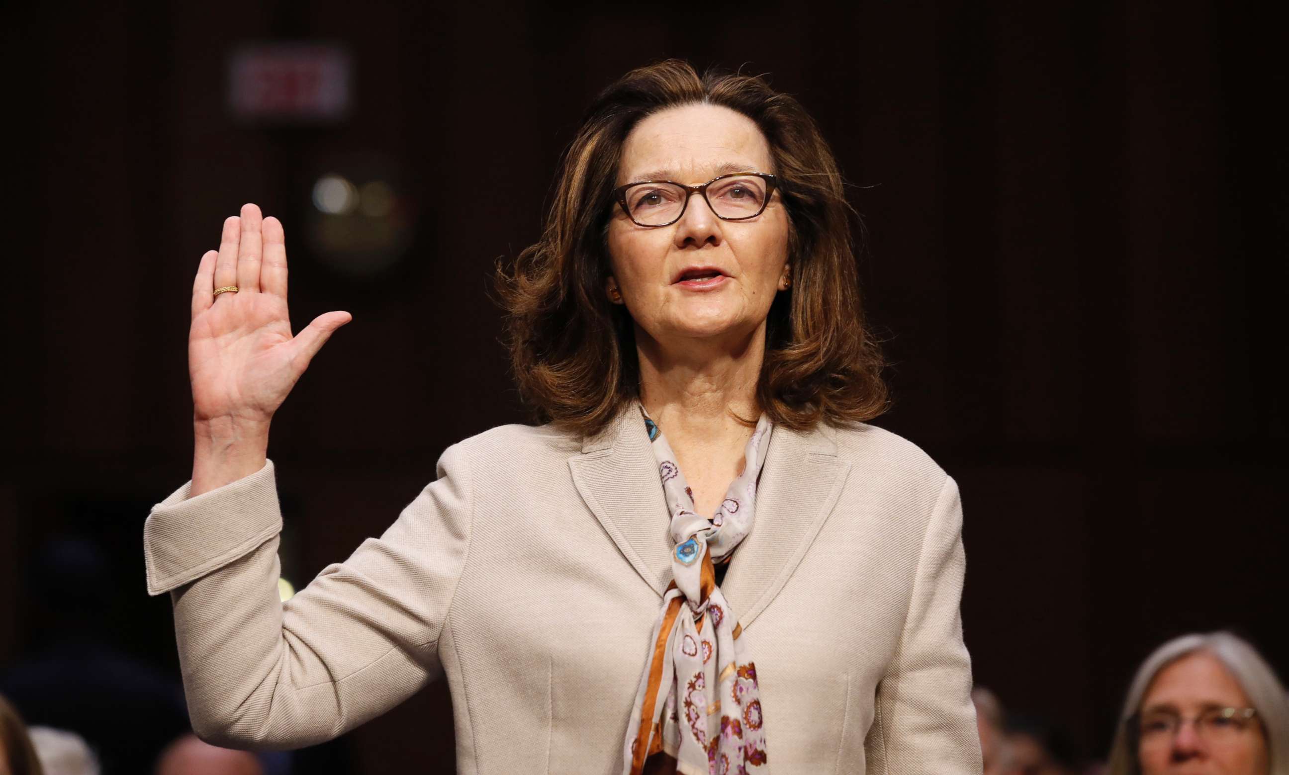 PHOTO: CIA nominee Gina Haspel is sworn in during a confirmation hearing of the Senate Intelligence Committee on Capitol Hill, May 9, 2018, in Washington.