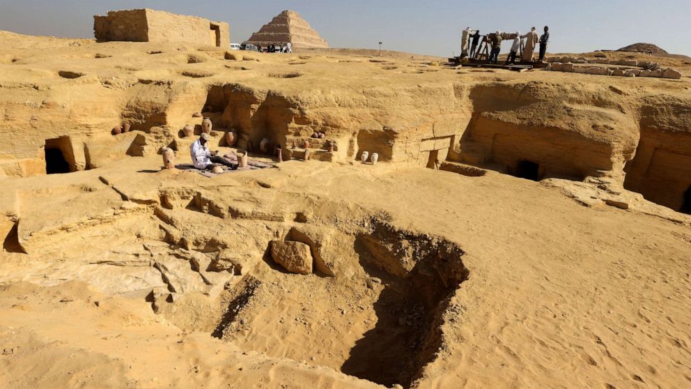 PHOTO: An Egyptian archaeologist restores antiquities after the announcement of new discoveries in Gisr el-Mudir in Saqqara, in Giza, Egypt, Jan. 26, 2023.