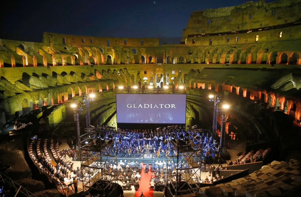 PHOTO: A view of the stage set up inside the Colosseum ahead of the screening of "Gladiator" for a charity event in Rome, June 6, 2018.