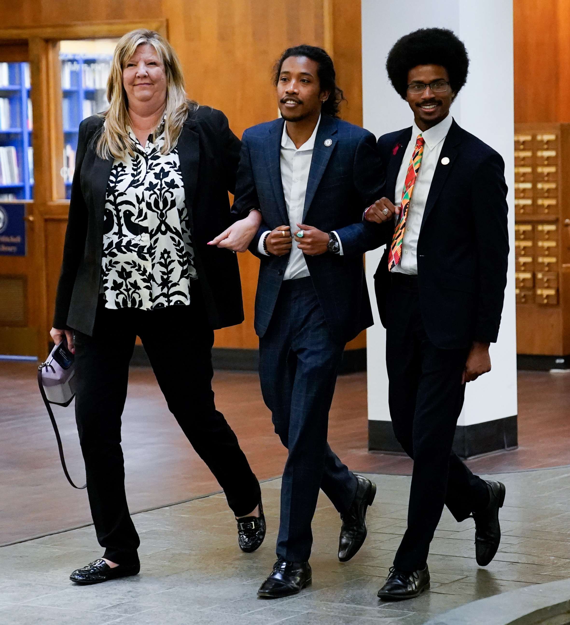 PHOTO: Gloria Johnson, Justin Jones and Justin Pearson arrive at Fisk University in Nashville, Tenn., on April 7, 2023, where they are meeting with Vice President Kamala Harris.
