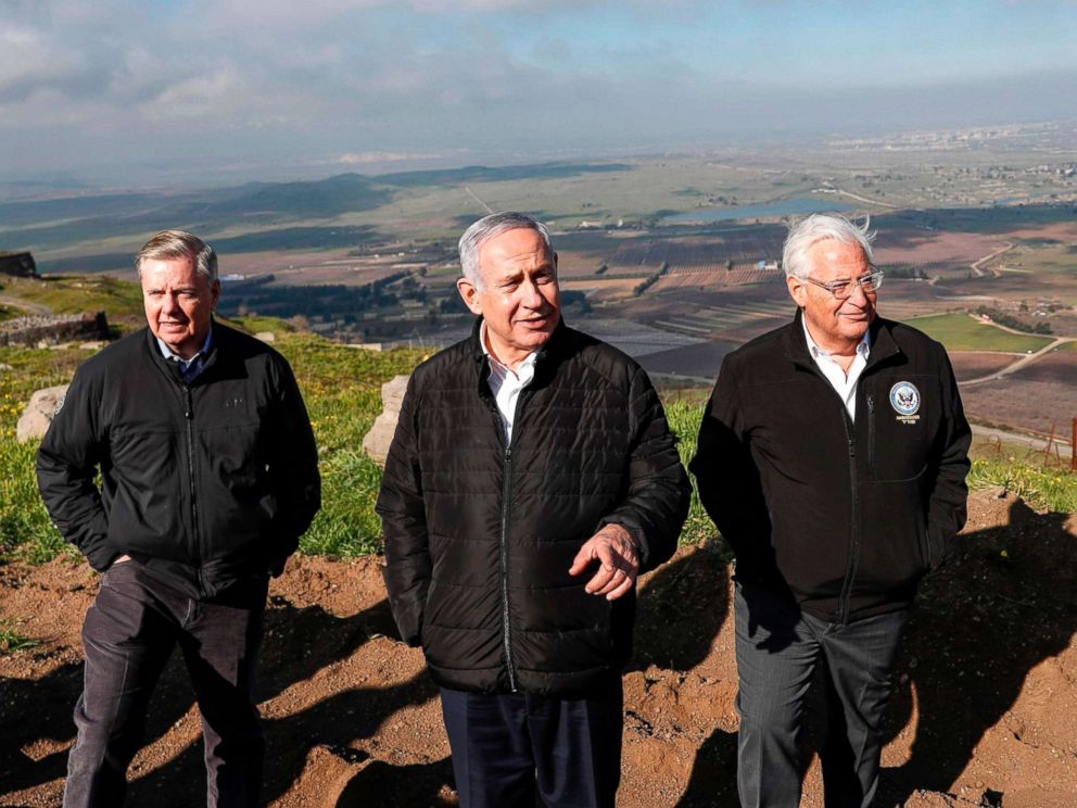 PHOTO: Sen. Lindsey Graham is accompanied by Israeli Prime minister Benjamin Netanyahu and U.S. Ambassador to Israel David Friedman as they visit the border line between Syria and the Israeli-annexed Golan Heights on March 11, 2019.