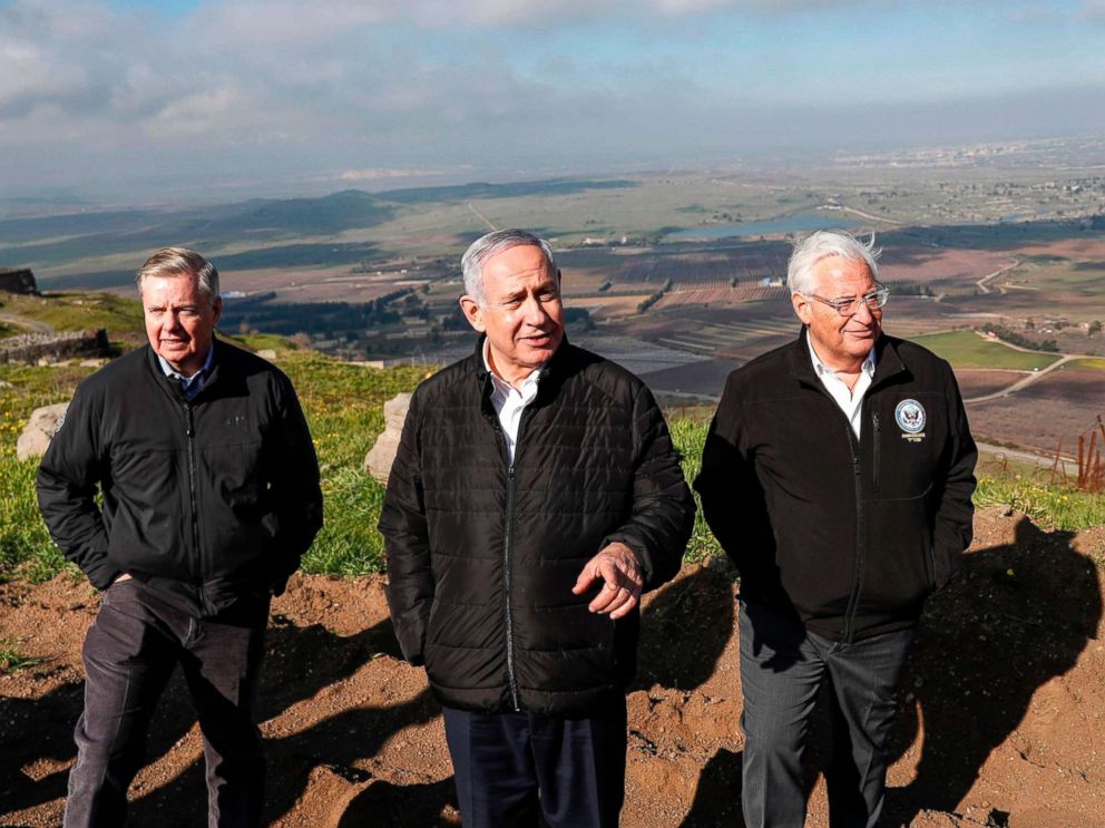 PHOTO: Sen. Lindsey Graham is accompanied by Israeli Prime minister Benjamin Netanyahu and U.S. Ambassador to Israel David Friedman as they visit the border line between Syria and the Israeli-annexed Golan Heights on March 11, 2019.