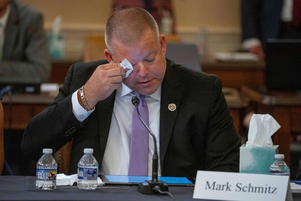 PHOTO: Mark Schmitz, father of Marine Corps Lance Cpl. Jared Schmitz, an Abbey Gate Gold Star family member, wipes a tear as he speaks at a House Foreign Affairs Committee roundtable, on Capitol Hill, Aug. 29, 2023 in Washington.