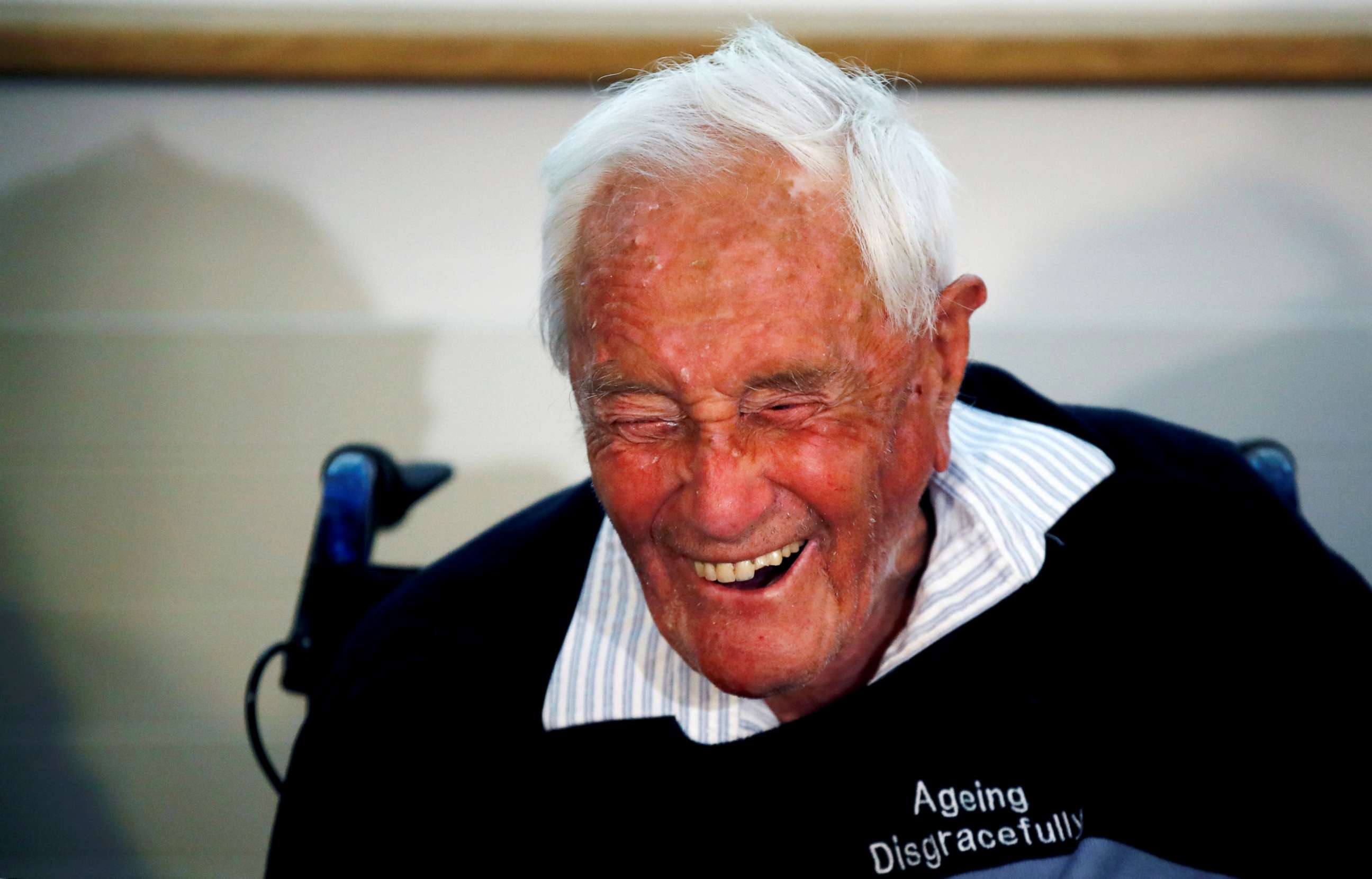 PHOTO: David Goodall, 104, reacts during a news conference a day before he took his own life in an assisted suicide, in Basel, Switzerland on May 9, 2018. 