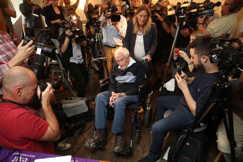 PHOTO: Australian botanist and academic David Goodall, 104 years old, arrives to speak at a press conference the day before his planned assisted suicide on May 9, 2018 in Basel, Switzerland.