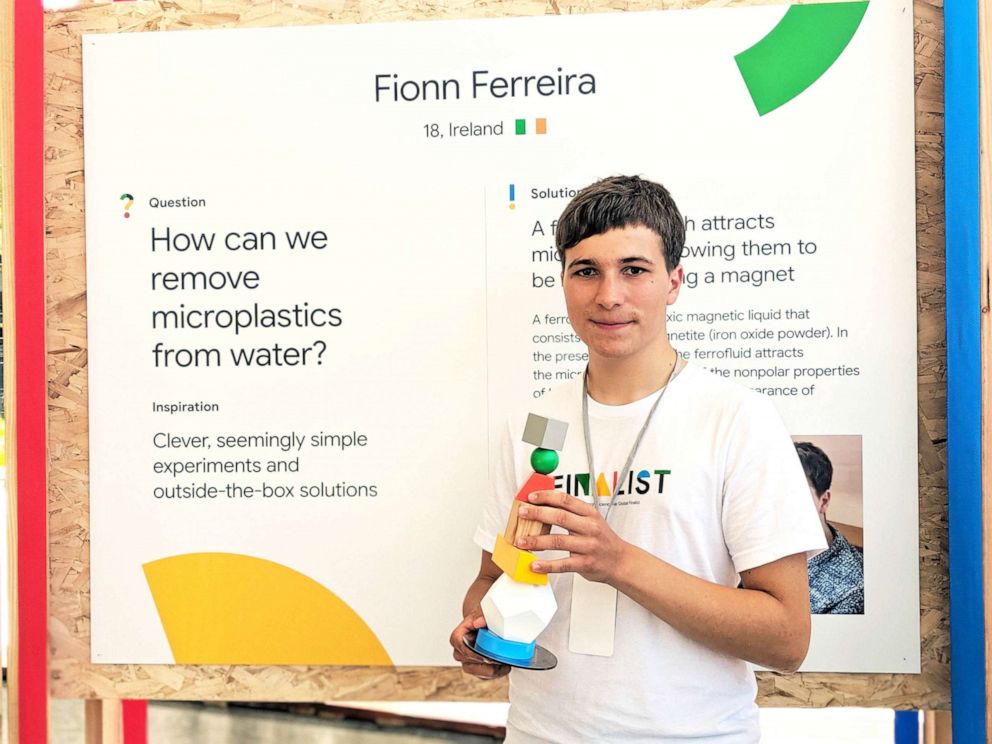 PHOTO: Irish teen Fionn Ferreira won the 50,000 dollar grand prize for the Google Science Fair for inventing a new method for extracting microplastics from water.