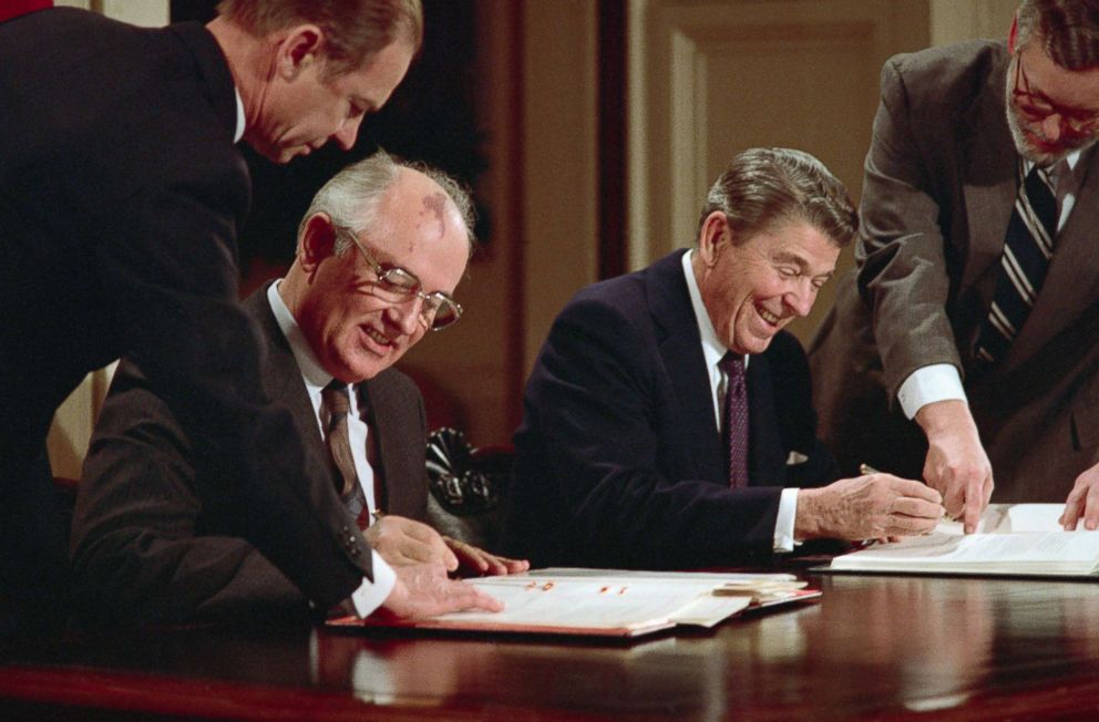 File photo of Soviet General Secretary Mikhail Gorbachev, left, and US President Ronald Reagan signing the Intermediate Nuclear Forces Reduction Treaty (INF Treaty), banning the use of intermediate-range nuclear missiles, Dec. 8, 1987, in Washington.  