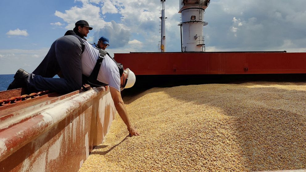 PHOTO: The Joint Coordination Centre officials are seen onboard Sierra Leone-flagged cargo ship Razoni, carrying Ukrainian grain, during an inspection in the Black Sea off Kilyos, near Istanbul, Aug. 3, 2022. 